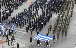 Στρατιωτική παρέλαση <br> 25ης Μαρτίου Παρόντες <br> Πούτιν Μακρόν